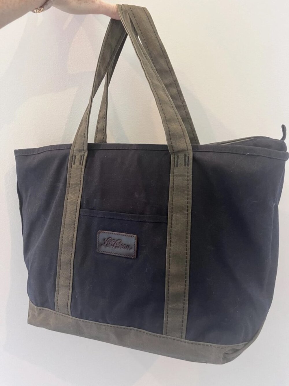 LL Bean Waxed Canvas Tote Bag Navy Khaki Camo Interior Script Logo Discontinued
